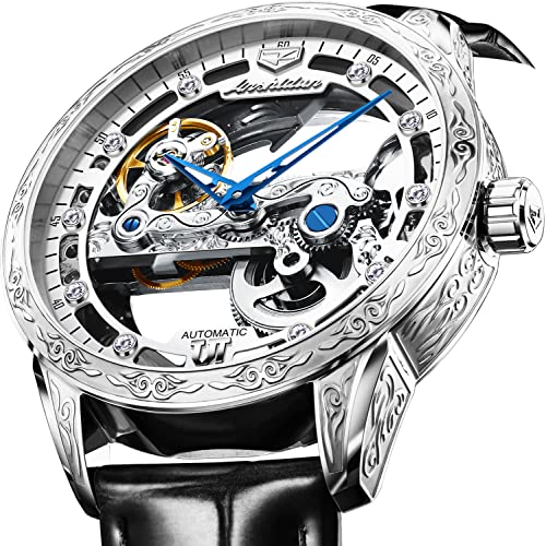 JSDUN Men's Silver Skeleton Automatic Mechanical Leather Watches Tourbillon Flywheel Steampunk Wrist Watches