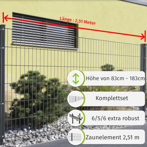 Doppelstabmattenzaun Komplettset 6/5/6 mm, Farbe Anthrazit RAL 7016 Set mit Pfosten und Klemmhaltern, Gartenzaun Stabmattenzaun Metallzaun - für Garten und Grundstück, Höhe 83 cm - Zaunlänge 2,5 m