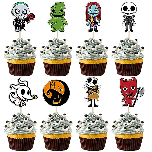 Gyufise 40Pcs Skellington Halloween Cupcake Toppers Glitter Skull Ghost Cupcake Picks for Nightmare Theme Wedding Anniversary Birthday Party Cake Decorations Supplies