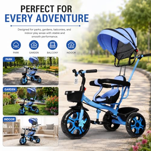 Image of MEA Kids Tricycle with Adjustable Canopy & Parent Push Handle | Safe Baby Trike with Safety Guard Rail, Comfortable Seat & Storage Basket | Play Ride-On Tricycle for Toddlers Boys & Girls - Blue