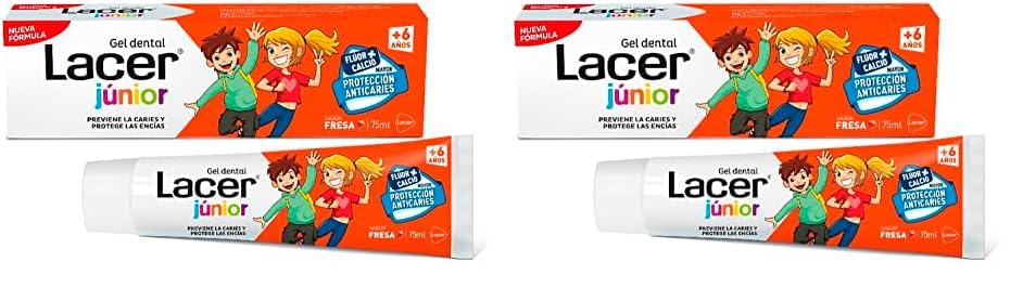 LACER JUNIOR - Gel Dental Infantil 75 ml, para Niños a Partir de 6+ años, Sabor a Fresa, Previene la Caries, Fórmula de Flúor Más Calcio, Cuida los Dientes de Leche (Paquete de 2)
