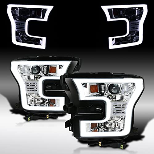 Autozensation Compatible with 2015-2017 Ford F150 Chrome Clear Projector Headlights + LED Bar L + R Pair Headlamp