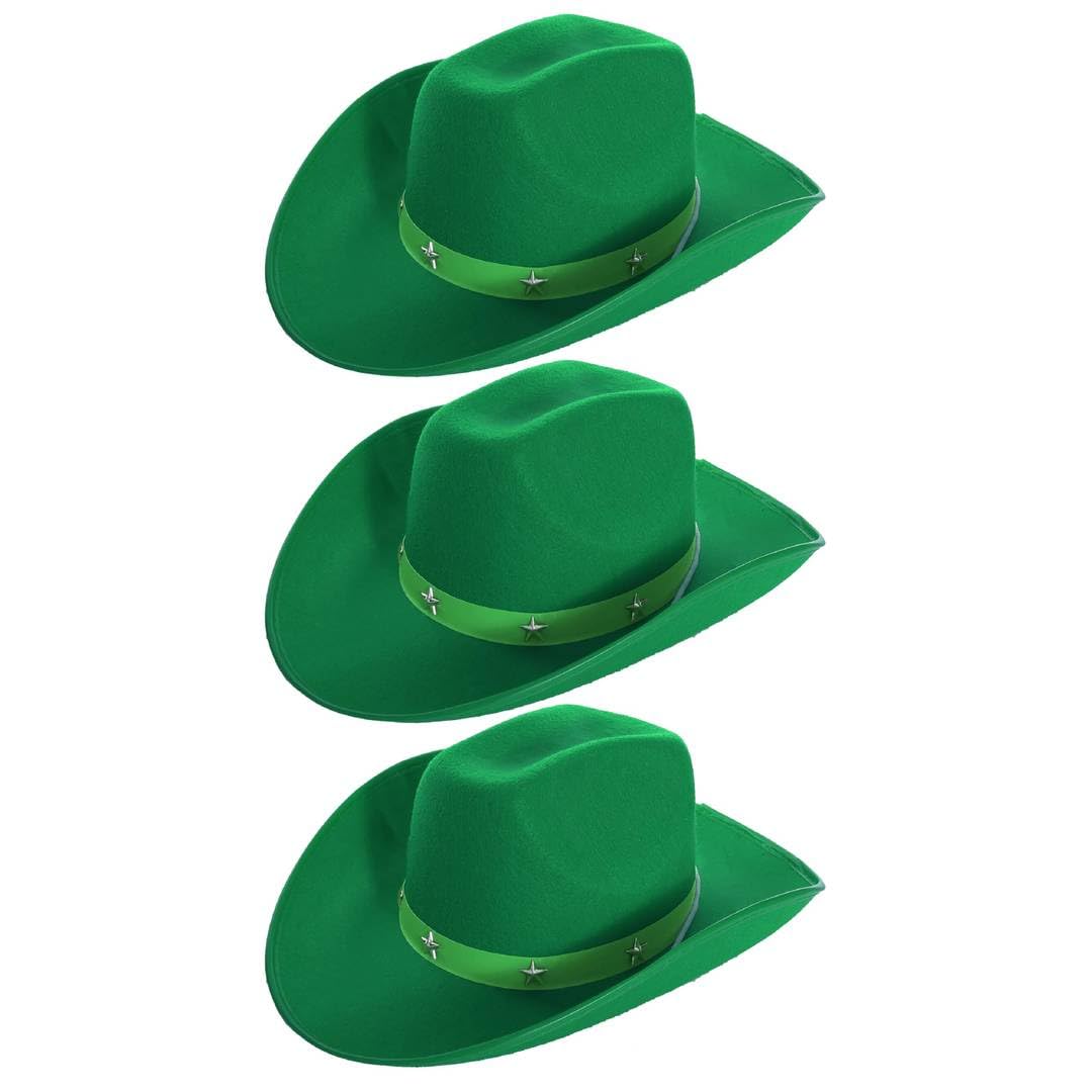 Adults Star Studded Cowboy Hat - Pack of 3 - Green Felt Western Style Hat with Decorative Star Studs - Classic Wild West Fancy Dress Costume Accessory for Parties Festivals Cosplay Cowgirl Events