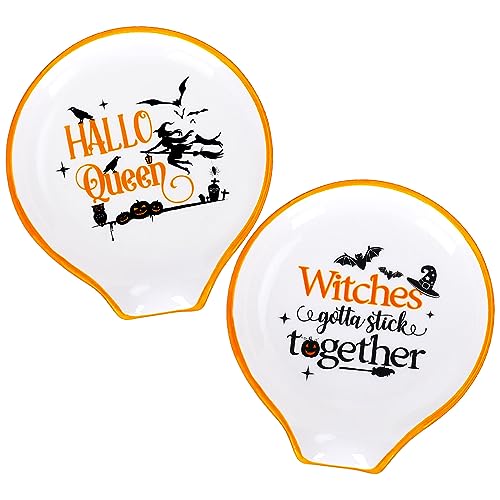 Whaline 2Pcs Halloween Witch Coffee Spoon Rest Hocus Pocus Pumpkin Bat Ceramic Teaspoon Holder Spooky Sauce Dishes Dipping Bowl Ring Dish for Halloween Teacher Gift Kitchen Office Bar Coffee Stirrers