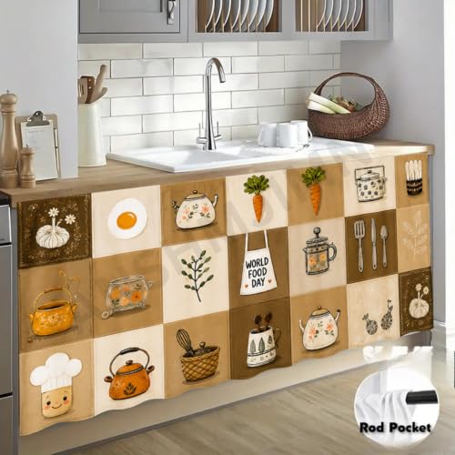 Image of Premium Under Sink Curtain for Modular Kitchen | Rod Pocket Cabinet Curtain | Wash Basin Storage Cover| Decorative Kitchen Counter Skirt | Dust Proof | 150 x 71 cm (Coffe)