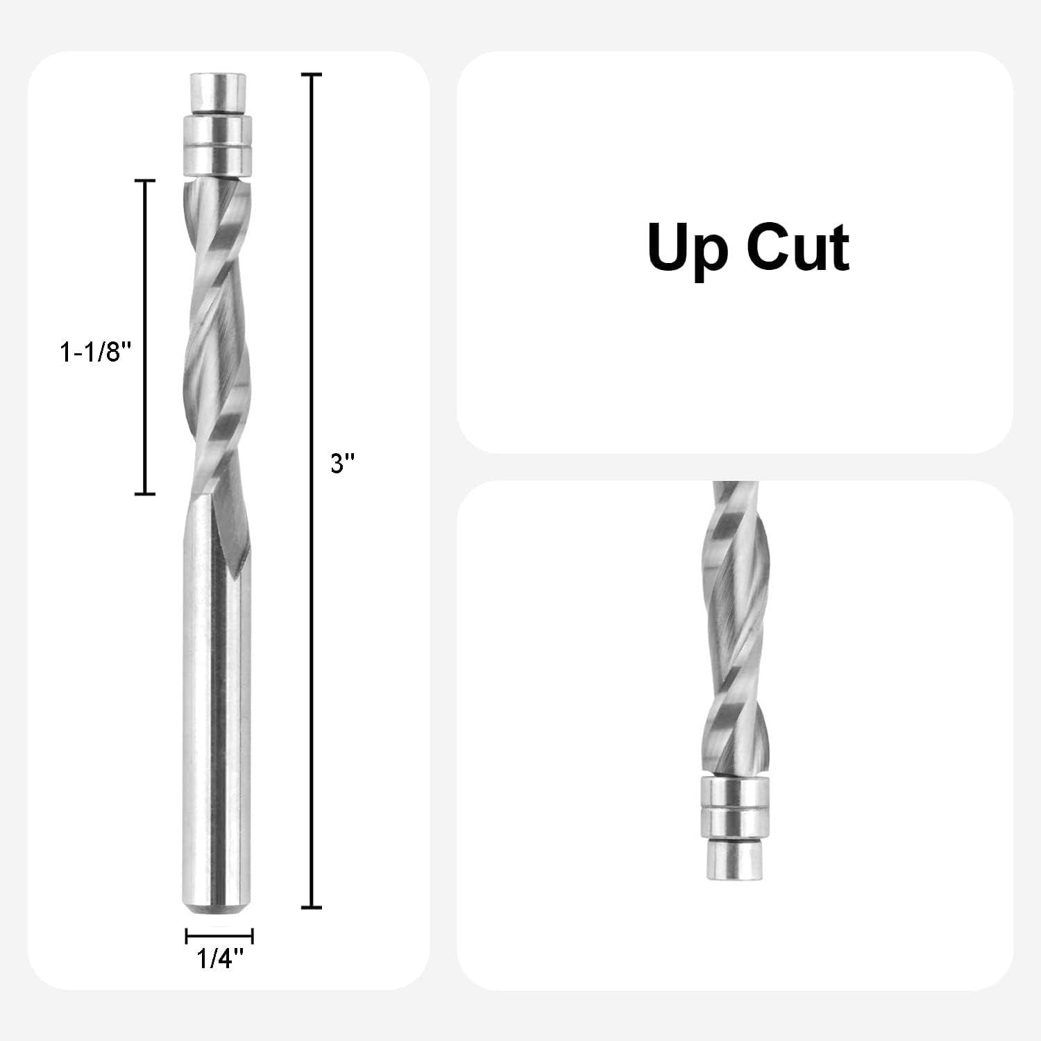 SpeTool 2PCS Upcut Spiral Flush Trim Router bit 1/4 Inch Shank 1-1/8 Inch Cutting Length Extra Long 3 Inch OVL,Carbide CNC Router Bit for Triming