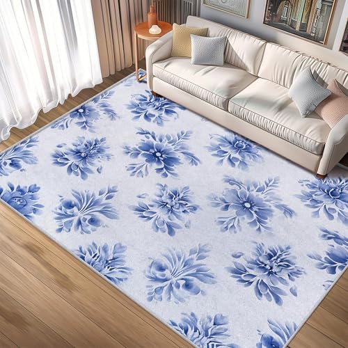 Tapis à fleurs bleues antidérapant et grand tapis lavable de salon - 3