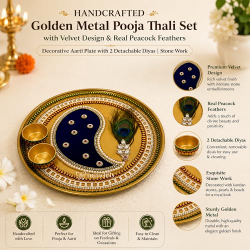 Image of Trendifly Handmade Metal Pooja Aarti Thali Set with 2 Kumkum Chandan Diya Holder | Stone Mirror Work Puja Thali Set for Home Mandir Temple Room | Wedding, Baby Shower, Home Ceremony, Pooja Return Gift