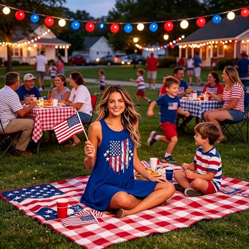 Image of Roshop Womens Juneteenth Flag Sleeveless Dress 4th of July Patriotic Swing Sundress with Pockets