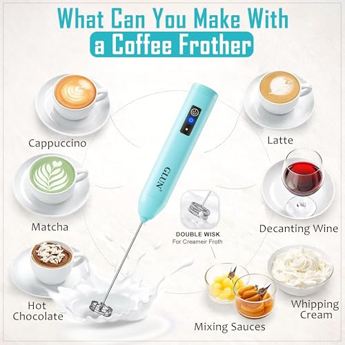 Image of GLUN Portable Coffee Frother Vibe Turquoise Colour 1 Piece, Type-C Port Rechargeable Handheld Milk Frother with 2-Layer Detachable Steel Whisk, Fast Foam Maker for Latte, Cappuccino & Coffee