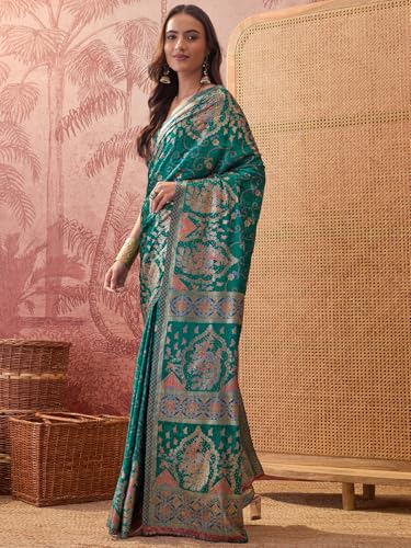 Image of Satrani Women's Crepe Foil Printed Weaving Banarasi Saree with Unstitched Blouse Piece