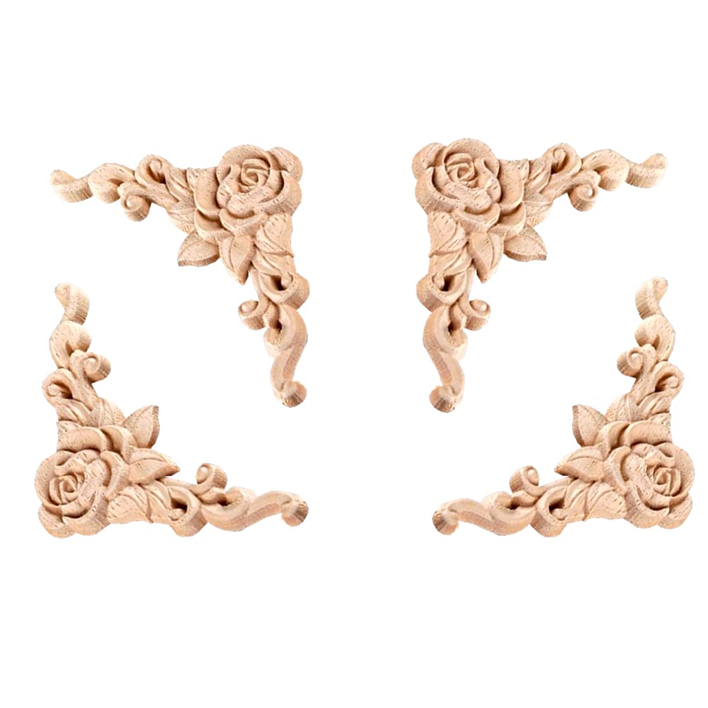 4 Holzschnitzerei-Ornamente Für Möbel & Wände - Dekorative Ecken-Applikationen 8x8cm