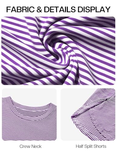 Image of JUSTFASHIONNOW Womens Pajama Sets Shorts Striped Print Two Piece Lounge Sets Crew Neck Sleepwear Split Shorts Set Soft Pjs