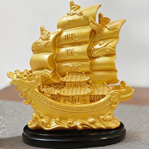 Estatua Barco de Vela Feng Shui Decorativa Dorada