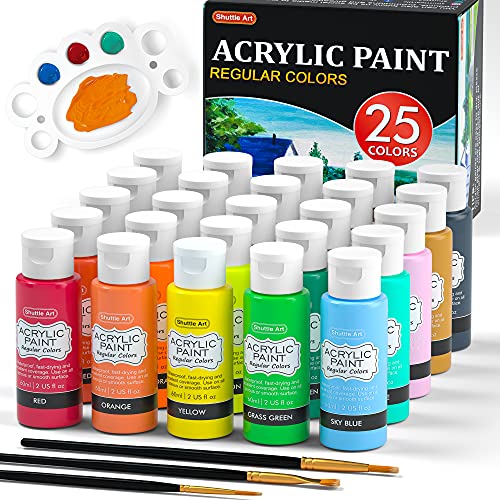 Shuttle Art Acrylic Paint Set, 25 Colours Acrylic Paints, 2oz/60ml Bottles, Rich Pigmented, Waterproof, Premium Acrylic Paints for Artists, Beginners and Kids on Canvas Rocks Wood Ceramic Fabric