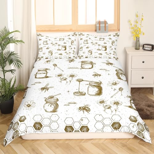 Feelyou Honeycomb Bedding Set Queen Size Kids Bee Print Geometrical Comforter Cover Set For Boys Girls Teens Hexagonal Floarl Flowers Duvet Cover Beehive Bedspread Cover Room Decor thumb #1