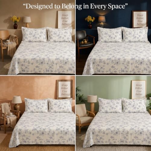 Image of BSB HOME 240 TC Cotton King Size Bedsheet, Premium Soft Breathable Floral Printed Double Bed Sheet, Bed Cover for Bedroom, Durable Bedding, 90 x 100 Inches (229 x 254 cm) - French Blue