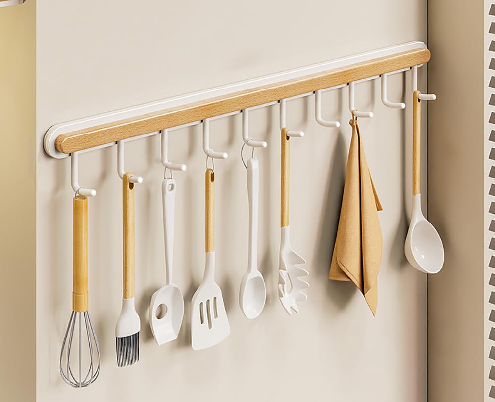 Xyagyund One Color Hanging Pot Rack, Kitchen Utensil Rail Hanging Rod No Drilling Wood Iron Wall-Mounted Kitchenware Rack Spoon Chopping Board Pans - White(With 10 Hooks 55Cm)