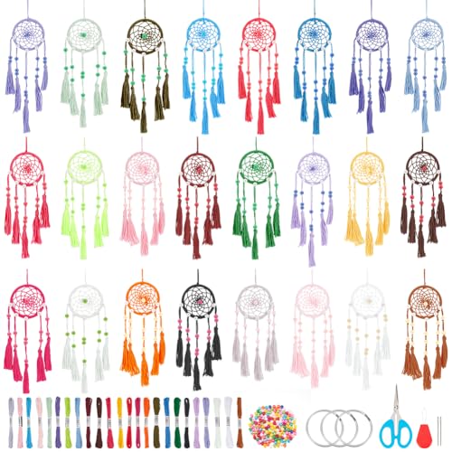 INFUNLY 24PCS DIY Small Dream Catcher Kits for Beginners Colorful Handmade Dreamcatcher Kit for Starters DIY Mini Ornament Making Kit for Bedroom Car Mirror Keychain bag Bohemian Decoration Craft Gift