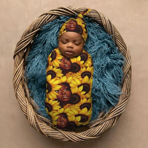 Image of Woman and Sunflowers Newborn Swaddle Blankets Hat Sets Soft Baby Receiving Blanket Swaddle Sack for Baby Shower Infant Boy Girl Gift