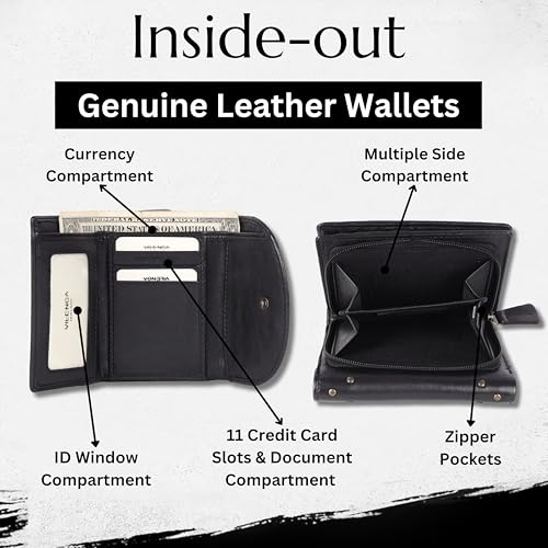 Genuine Italian Leather Boho Studded Trifold Double Flap Closure Wallet – Zipper Coin Purse & Credit Card Holder for Women (Black)4