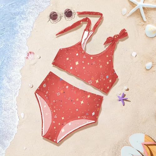 KLL Red Glitter Texture Girls 2 Pieces Bikini Sets Scoop Neck Swimsuit Swimwear Adjustable Strap 5