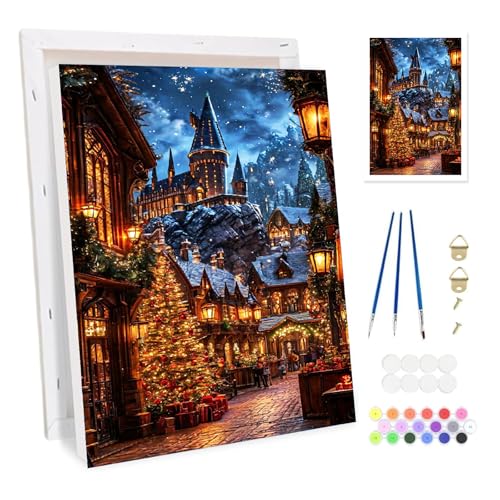 BOWETILE Weihnachtshaus Malen nach Zahlen für Erwachsene mit Rahmen DIY Zahlenmalerei Set für Anfänger Leinwand Kit Gemälde Bastelset auf Leinwand mit Pinseln und Acrylpigment für Home Decor 20x30cm