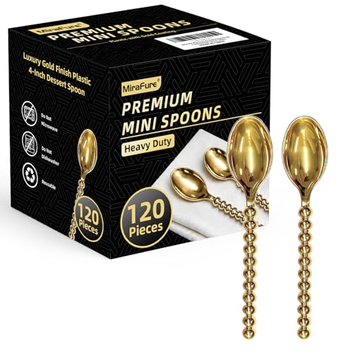 Premium 120-Piece Gold Mini Dessert Spoons with Beaded Handle 4.4 Inch BPA-Free Plastic Appetizer Utensils for Parties Charcuterie Boards & Tasting Events Wedding Reception & Party Supplies