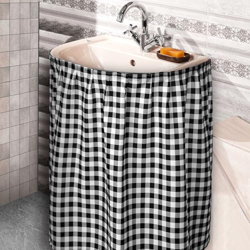 Windkream Fabric Sink Skirt Diamond Bathroom Stitch Self Stick Adhesive Waterproof Fabric Under Sink Curtain Skirt 55 x 32 Inch Adds Bathroom Storage(Black and White,Classic Style)
