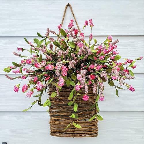 Cream Hydrangea Door Hanger Basket Wreath 2024 Wildflowers Door Hanging Basket Wreath Front Door Beautiful Artificial Spring and Summer Wreath Welcome Sign Home Porch Farmhouse Decor B