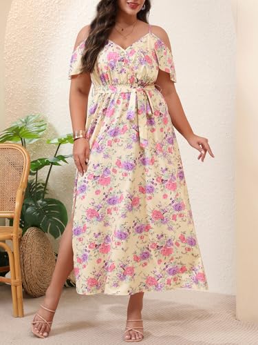 Image of Floerns Women's Plus Size Cold Shoulder Short Sleeve Split Thigh Long Dress