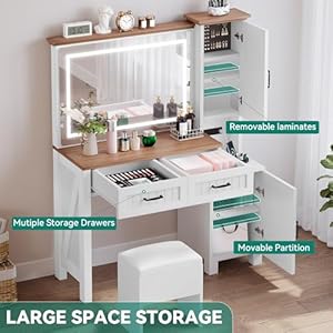 Yitahome vanity desk with mirror makeup desk with charging station drawers cabinets and adjustable shelves modern vanity desk with stool  urban country home decor