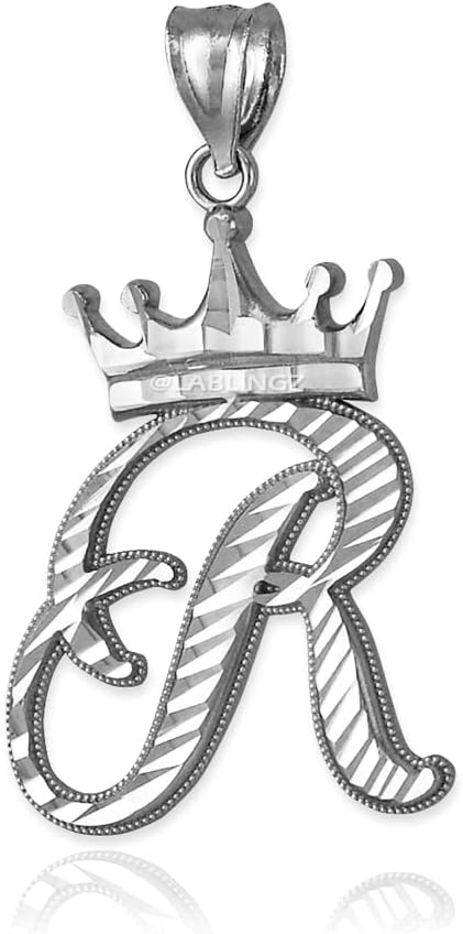 Sterling Silver Letter 'R' Initial Cursive Crown DC Pendant Necklace