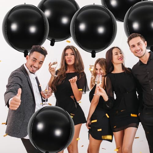 Image of Round 4D Black Mylar Balloons, Large Black Foil Balloons for Black Decorations - 22 Inch, 6 Pack | Black Metallic Balloons Halloween Balloons for Halloween Decorations(Black)