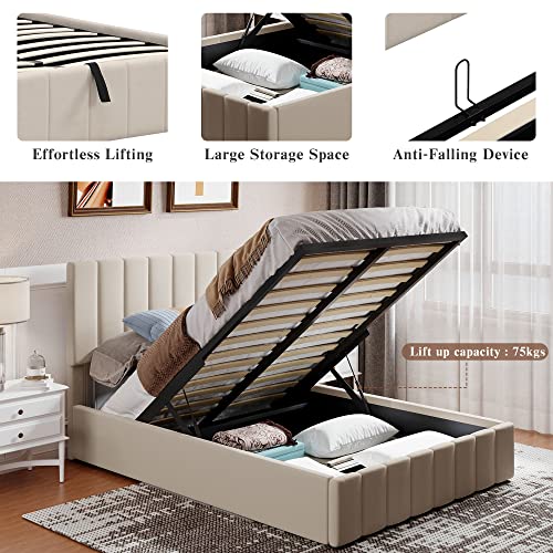 Merax Upholstered Full Size Beds Gas Lift Up Storage Platform Bed Frame With Tufted Headboard Wooden Slat Support And Under Bed Storage,Beige… #TOP3