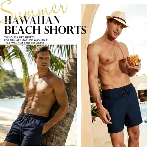 Image of Men's Swim Trunks with Compression Liner, Quick Dry Hawaiian Swimwear Bathing Suit Drawstring Board Shorts