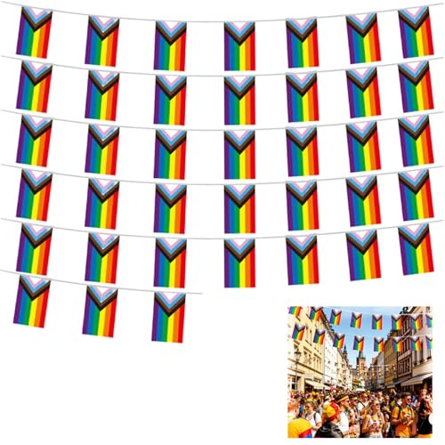 Guirnalda Bandera Arcoíris Progressive Pride 10m 38 Banderines, Decoración LGBTQ+ Resistente de Poliéster para Fiesta Orgullo, Eventos, Hogar Interior y Exterior, Colores Vibrantes