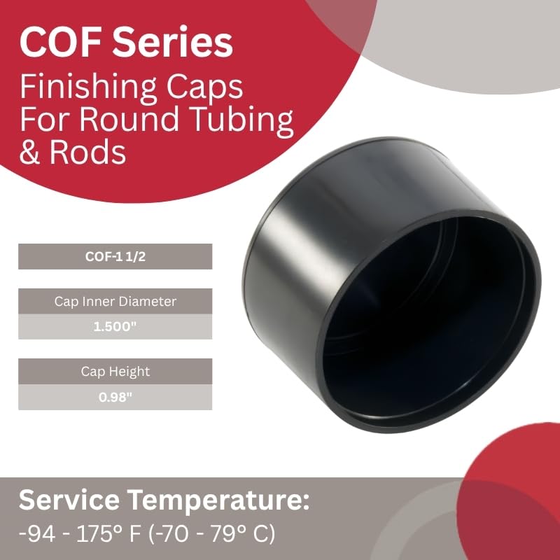 Image of Caplugs COF-1-1 /2 COF Series, Finishing Cap for Round Tubing and Rods, Low-Density Polyethylene (LD-PE), Protect from Sharp Edges, Cap ID 1.500 inch, Length 0.98 inch, Black, Pack of 20 (99395077)