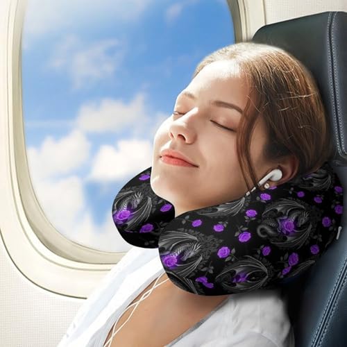 Image of Pain Relief Travel Neck Pillow Cool Dragon Purple Floral Rose Black, Memory Foam U Shaped Support, Breathable Zip Cover for Airplane Car Office Men Women