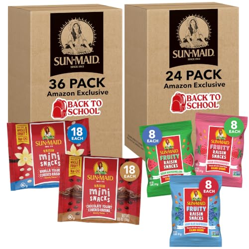 Image of Sun-Maid Snacking Bundle with Vanilla & Chocolate Yogurt Coated Raisins Variety Pack - (36 Pack) 0.5 oz + Sun-Maid Fruity Raisin Three Flavor Variety Pack - (24 Pack) 1.33 oz Pouches