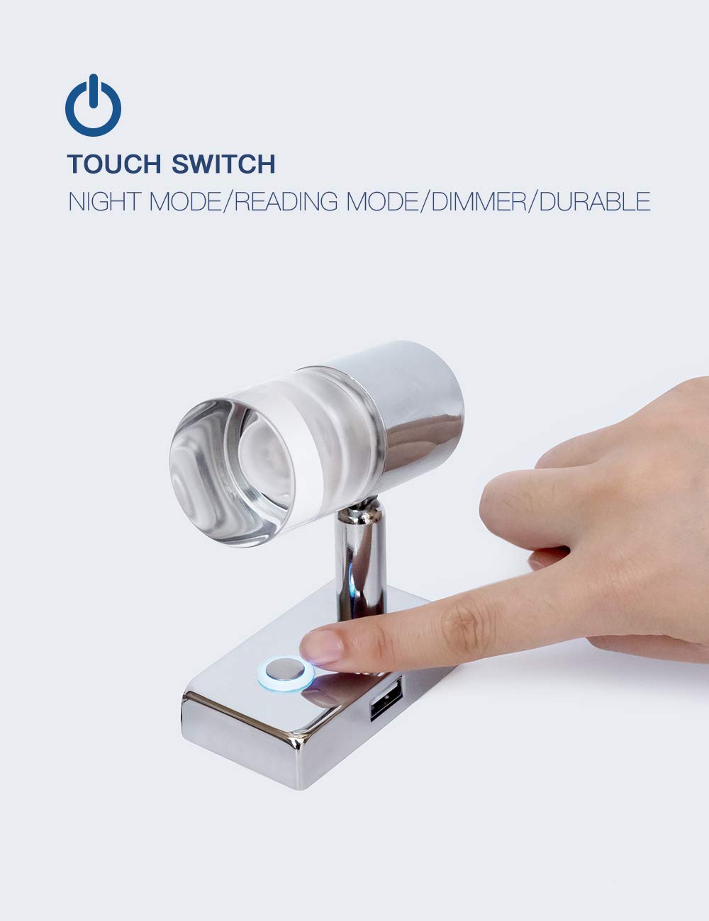 lighteu, 2X 12V 3W A2 USB Faretto a soffitto/Parete, Finitura cromata, Luce di Lettura Girevole e Girevole con Interruttore a sfioramento dimmerabile Caldo Luce Bianca/Blu per Yacht, roulotte, Camper