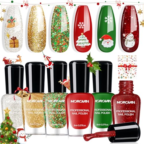 Morovan Christmas Nail Polish Set: 2025 Glitter Red Green Gold Silver Fingernail Polish Kit with Sticker Winter Quick Dry Regular Nail Polish Pack Manicure Gifts for Women Girls Holiday Party