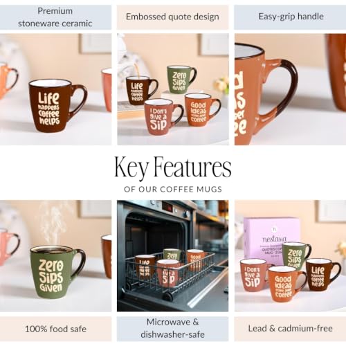 Image of Nestasia Ceramic Coffee Mugs Set of 4 (210ml Each) - Quirky Quotes Tea & Coffee Cups with Glossy Finish | Microwave & Dishwasher Safe Cups - Ideal for Gifting (Earthy Hues)