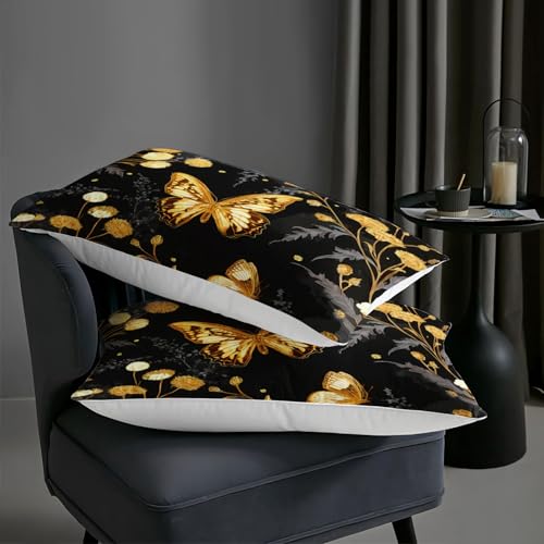 Image of AILONEN Twin Golden Butterfly Comforter Set, Black Wildflower Bedding, Dandelion Botanical Floral Decor, Lightweight Cozy Microfiber Dorm Kids Room