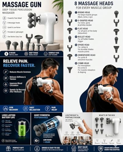 Image of Massage Gun for Pain Relief & Muscle Recovery, Deep Tissue Percussion Massager with 6 Heads, Long Battery Life, Quiet Portable Handheld Body Massager for Gym & Home Use