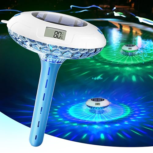 BALDR Pool Thermometer Floating Easy Read, Solar Ponds Thermomter with 8 RGBW Color Modes, Dual Digital Displays & IPX7 Waterproof for Ponds Water Gardens & Inground Above Ground Pools (Blue)