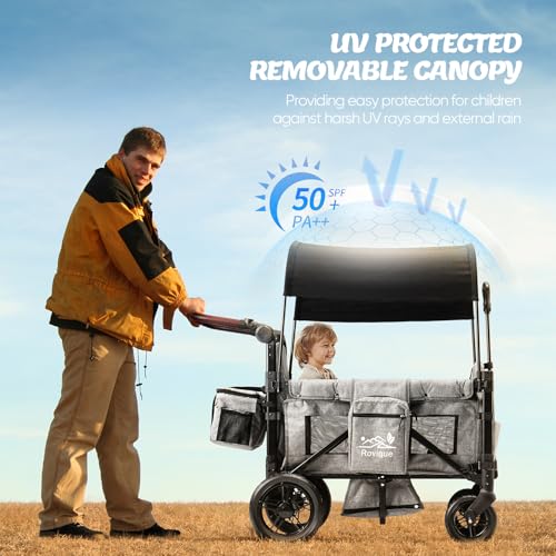 Wagon Stroller for 2 Kids,Premium Wagon for Kids with Removable Canopy, Snack Tray, Convertible Baby Bassinet, 5-Point Safety Harness, All-Terrain PU Wheels & Adjustable Push/Pull Handle,Grey