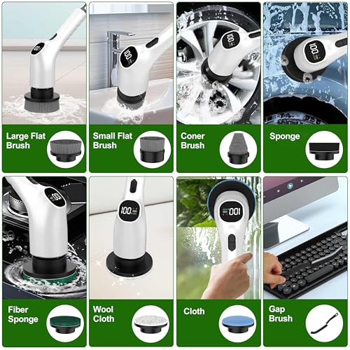 Image of Electric Spin Scrubber, Shower Scrubber with Long Handle Adjustable LCD Display, 2 Speed Shower Cleaner, 7 Replaceable Brush Heads Bathroom Cleaning Brush, Bath Tub Power Scrubbers White G3