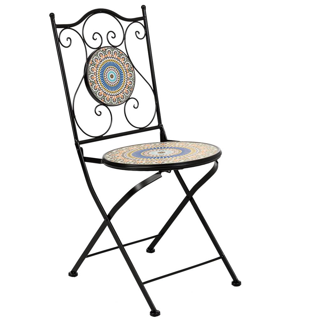 WANDERLUST DECO Conjunto de Jardín Mesa y 2 Sillas de Mosaico Naranja y Forja Negra, Set Bistró para Terraza o Exterior, Mesa Ø60 cm con Sillas Decorativas, Mobiliario Exterior Elegante