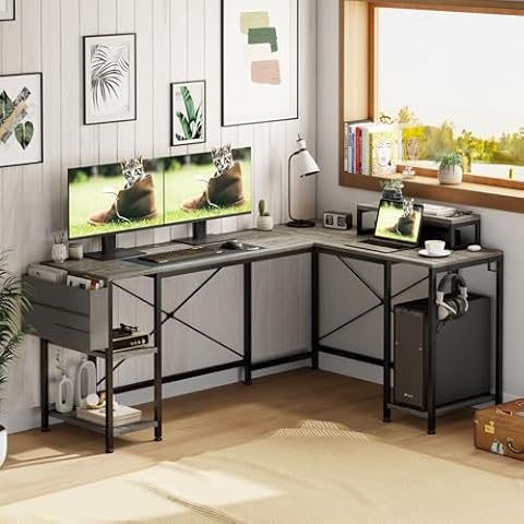 Aowos L Shaped Desk with Side Storage Bag and Movable Monitor Stand, 80.2 Inch Reversible Corner Computer Desk with Iron Hooks，2 Person Long Table with Shelves for Home Office (Gray) Cover